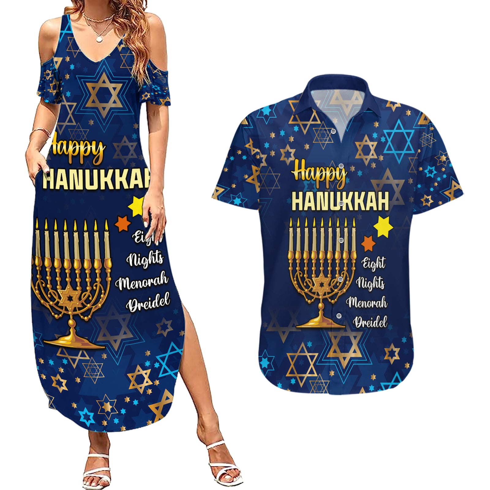 Personalised Hanukkah Festival Couples Matching Summer Maxi Dress and Hawaiian Shirt Eight Nights Menorah Dreidel - Wonder Print Shop