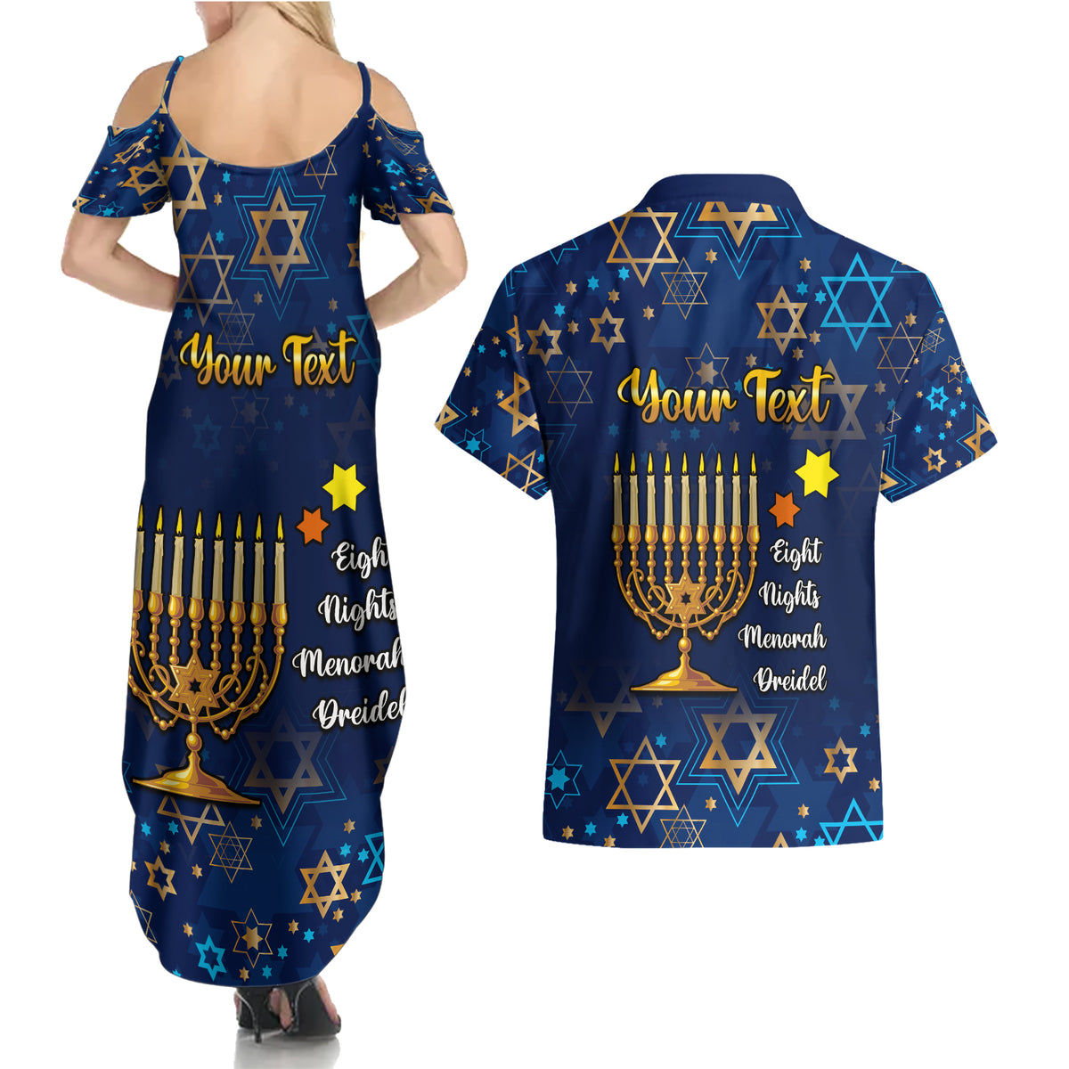 Personalised Hanukkah Festival Couples Matching Summer Maxi Dress and Hawaiian Shirt Eight Nights Menorah Dreidel - Wonder Print Shop