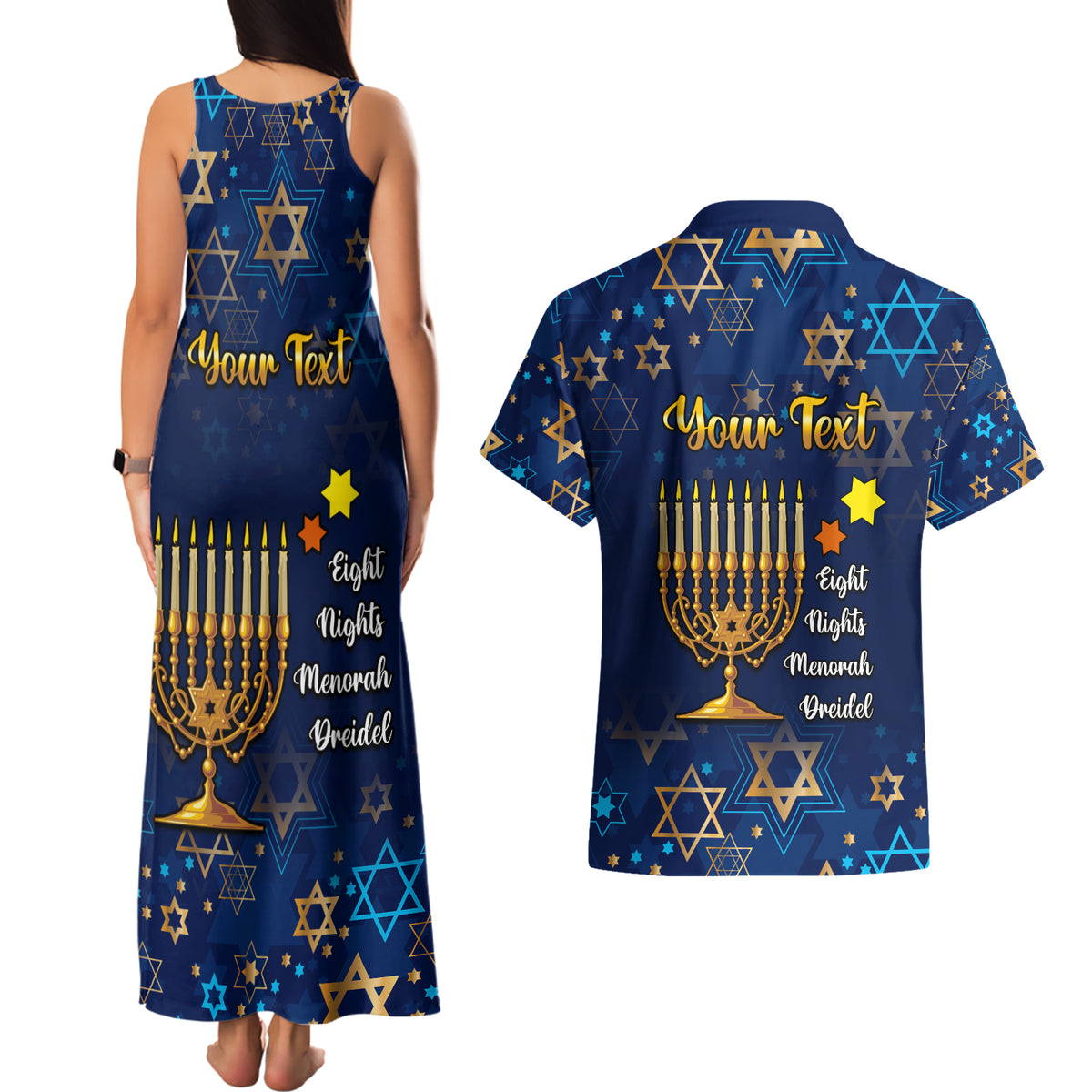 Personalised Hanukkah Festival Couples Matching Tank Maxi Dress and Hawaiian Shirt Eight Nights Menorah Dreidel - Wonder Print Shop