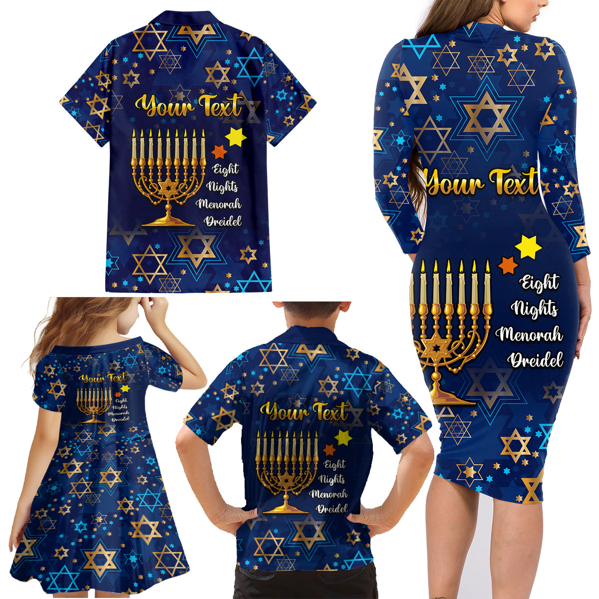 Personalised Hanukkah Festival Family Matching Long Sleeve Bodycon Dress and Hawaiian Shirt Eight Nights Menorah Dreidel - Wonder Print Shop