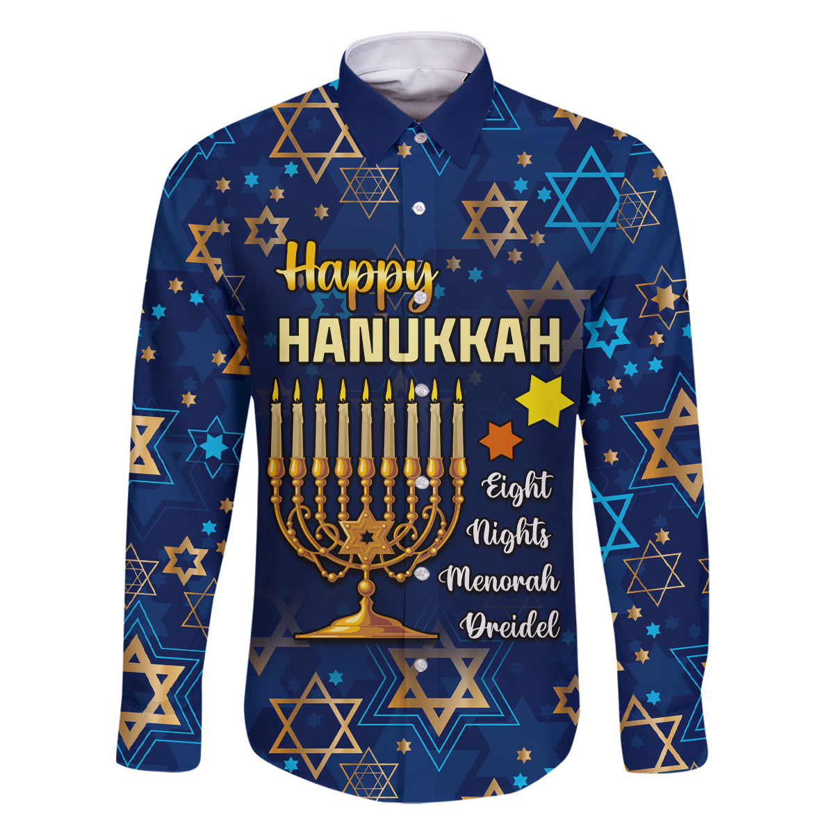 Personalised Hanukkah Festival Family Matching Long Sleeve Bodycon Dress and Hawaiian Shirt Eight Nights Menorah Dreidel - Wonder Print Shop