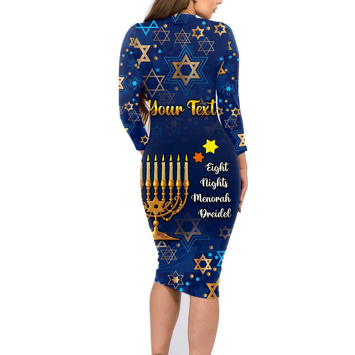 Personalised Hanukkah Festival Family Matching Long Sleeve Bodycon Dress and Hawaiian Shirt Eight Nights Menorah Dreidel - Wonder Print Shop