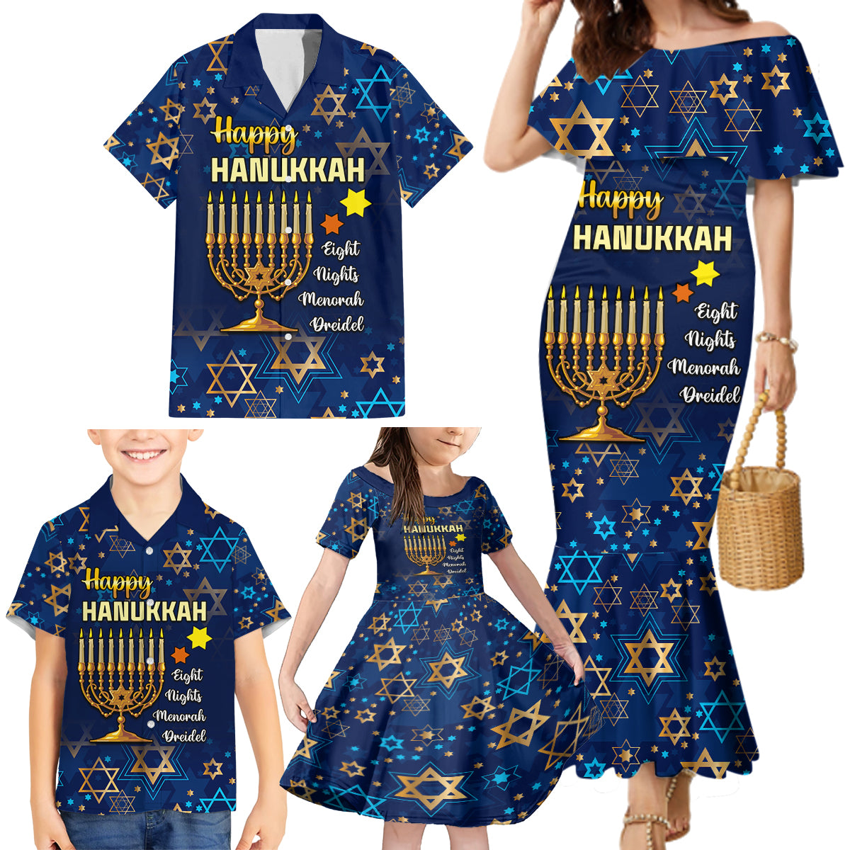 Personalised Hanukkah Festival Family Matching Mermaid Dress and Hawaiian Shirt Eight Nights Menorah Dreidel - Wonder Print Shop