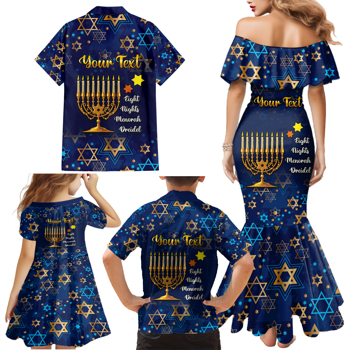 Personalised Hanukkah Festival Family Matching Mermaid Dress and Hawaiian Shirt Eight Nights Menorah Dreidel - Wonder Print Shop