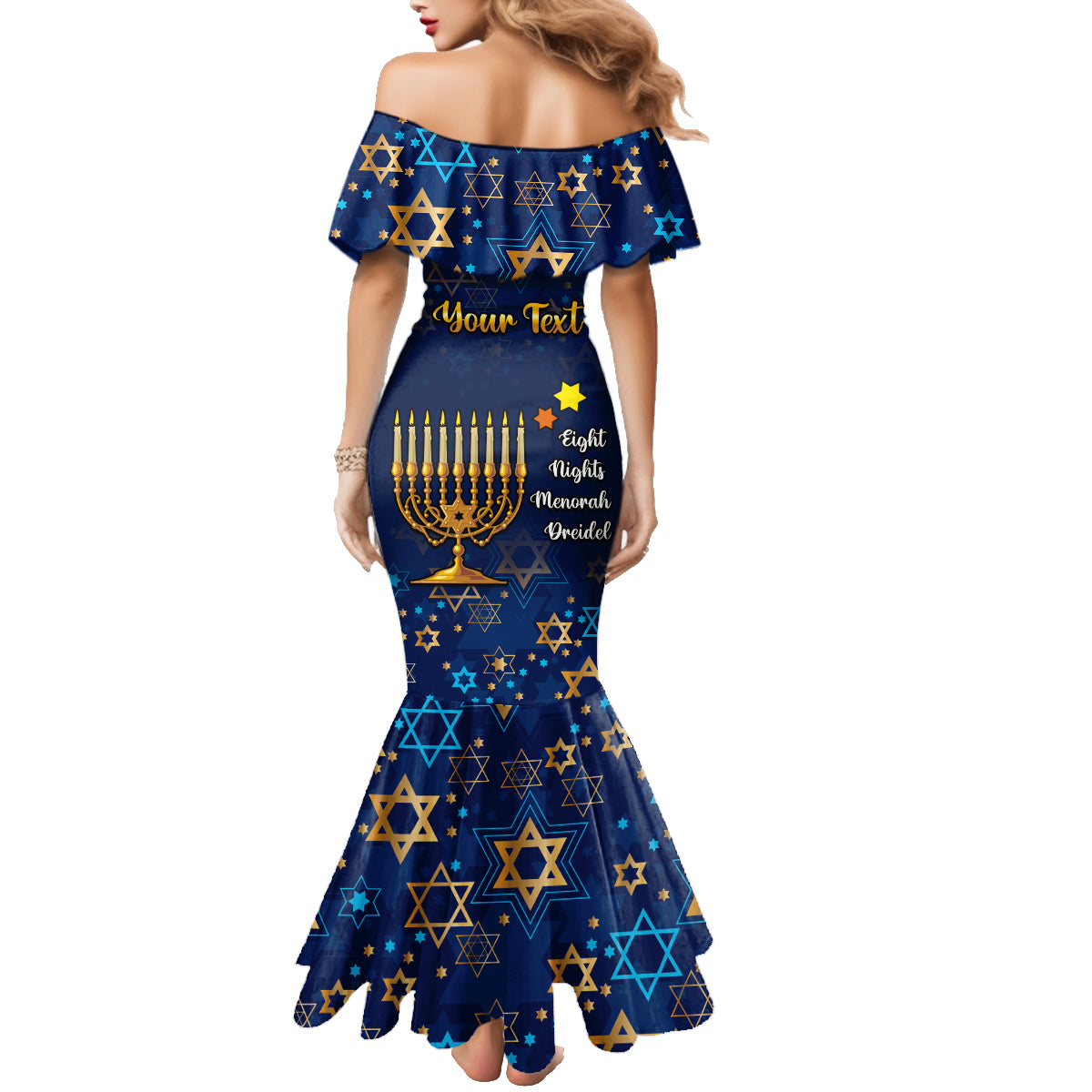 Personalised Hanukkah Festival Family Matching Mermaid Dress and Hawaiian Shirt Eight Nights Menorah Dreidel - Wonder Print Shop