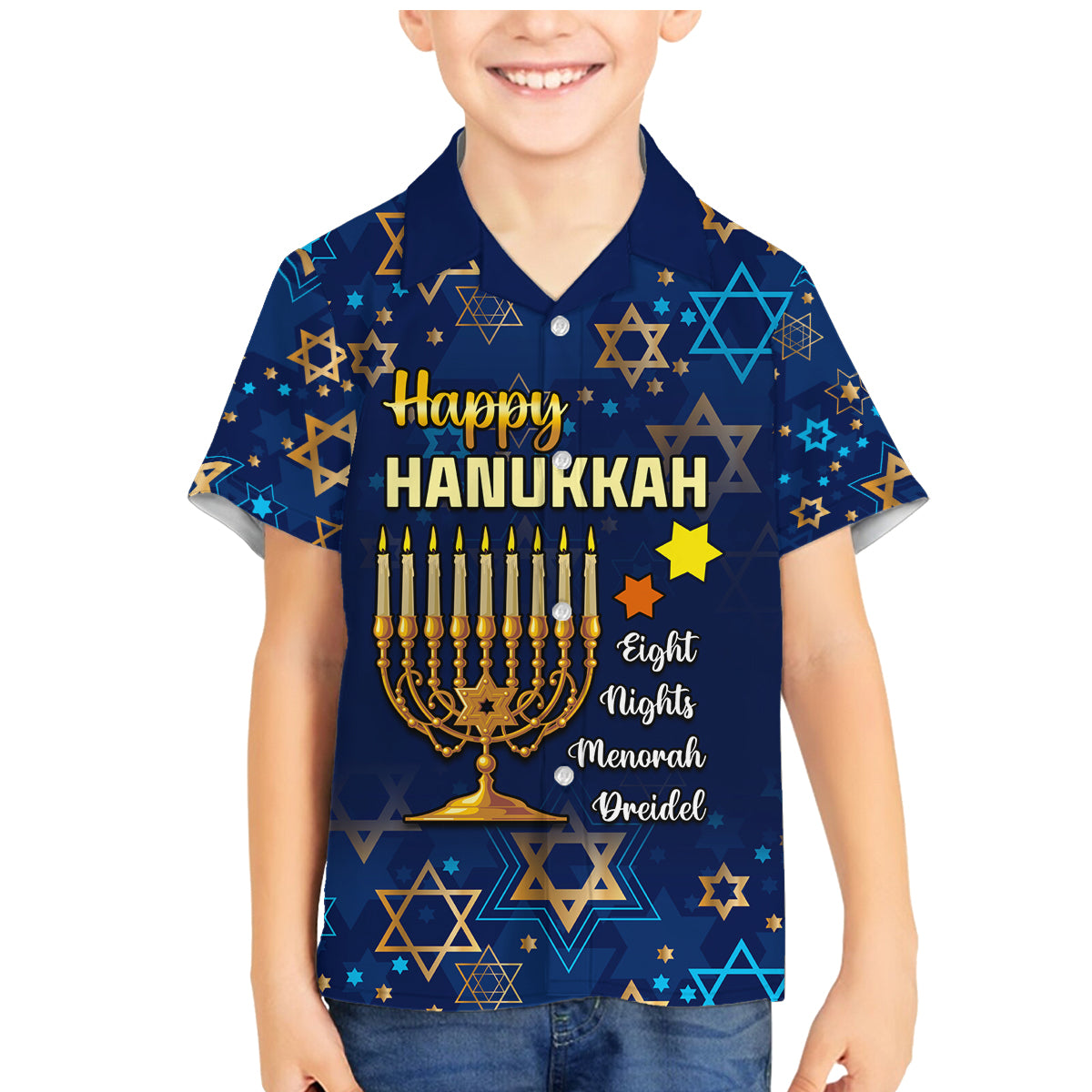 Personalised Hanukkah Festival Family Matching Mermaid Dress and Hawaiian Shirt Eight Nights Menorah Dreidel - Wonder Print Shop