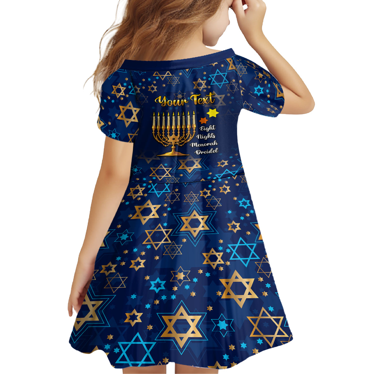 Personalised Hanukkah Festival Family Matching Off Shoulder Long Sleeve Dress and Hawaiian Shirt Eight Nights Menorah Dreidel - Wonder Print Shop