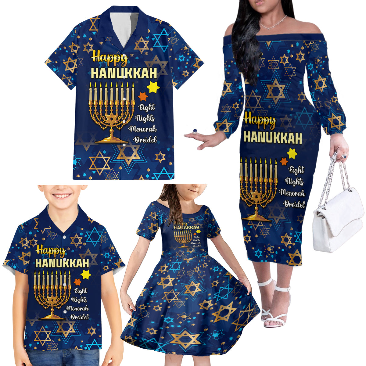 Personalised Hanukkah Festival Family Matching Off Shoulder Long Sleeve Dress and Hawaiian Shirt Eight Nights Menorah Dreidel - Wonder Print Shop