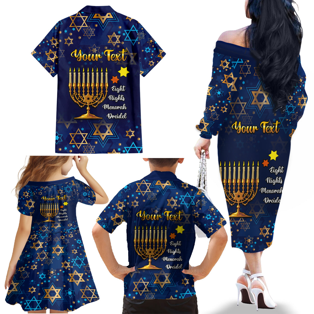 Personalised Hanukkah Festival Family Matching Off Shoulder Long Sleeve Dress and Hawaiian Shirt Eight Nights Menorah Dreidel - Wonder Print Shop