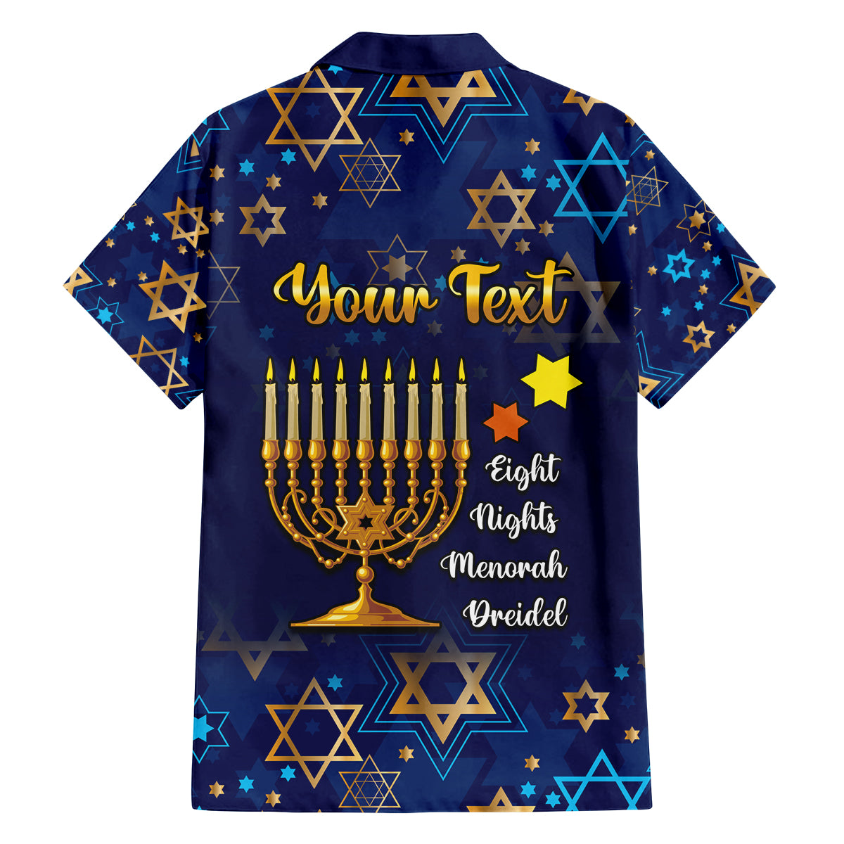 Personalised Hanukkah Festival Family Matching Off Shoulder Long Sleeve Dress and Hawaiian Shirt Eight Nights Menorah Dreidel - Wonder Print Shop