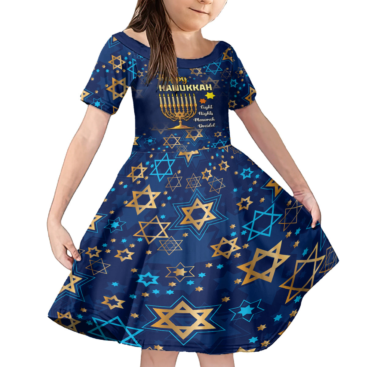 Personalised Hanukkah Festival Family Matching Off Shoulder Maxi Dress and Hawaiian Shirt Eight Nights Menorah Dreidel - Wonder Print Shop