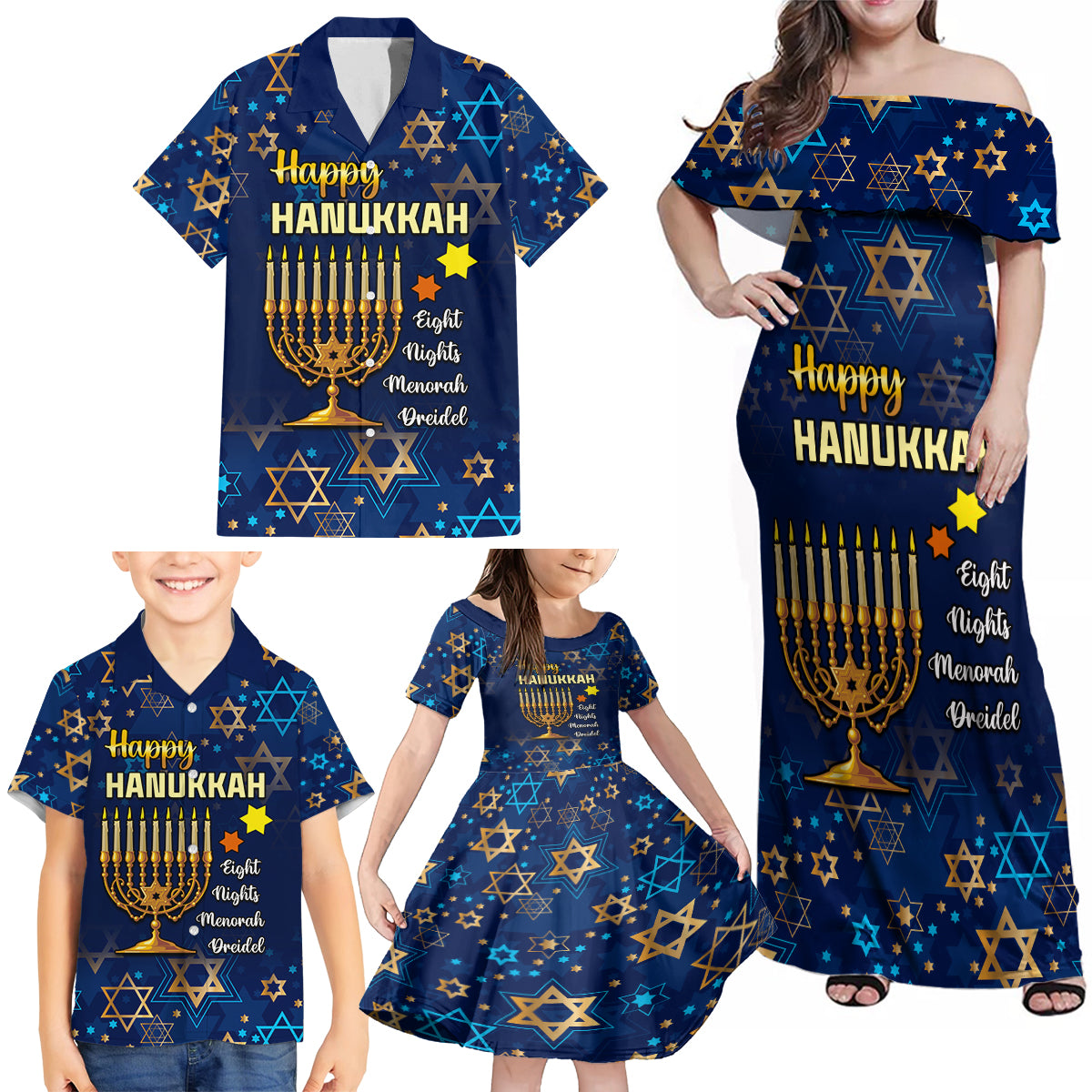 Personalised Hanukkah Festival Family Matching Off Shoulder Maxi Dress and Hawaiian Shirt Eight Nights Menorah Dreidel - Wonder Print Shop