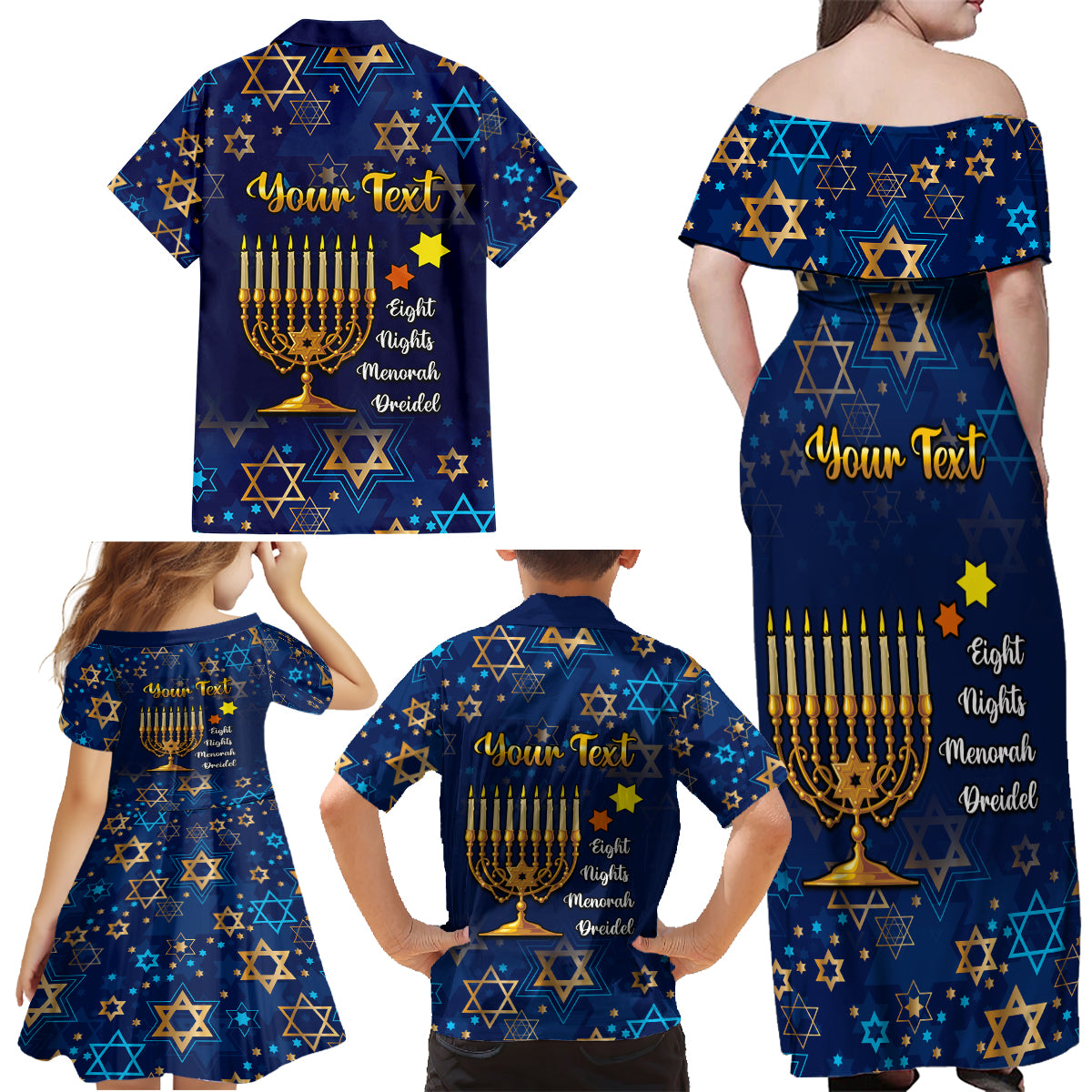 Personalised Hanukkah Festival Family Matching Off Shoulder Maxi Dress and Hawaiian Shirt Eight Nights Menorah Dreidel - Wonder Print Shop