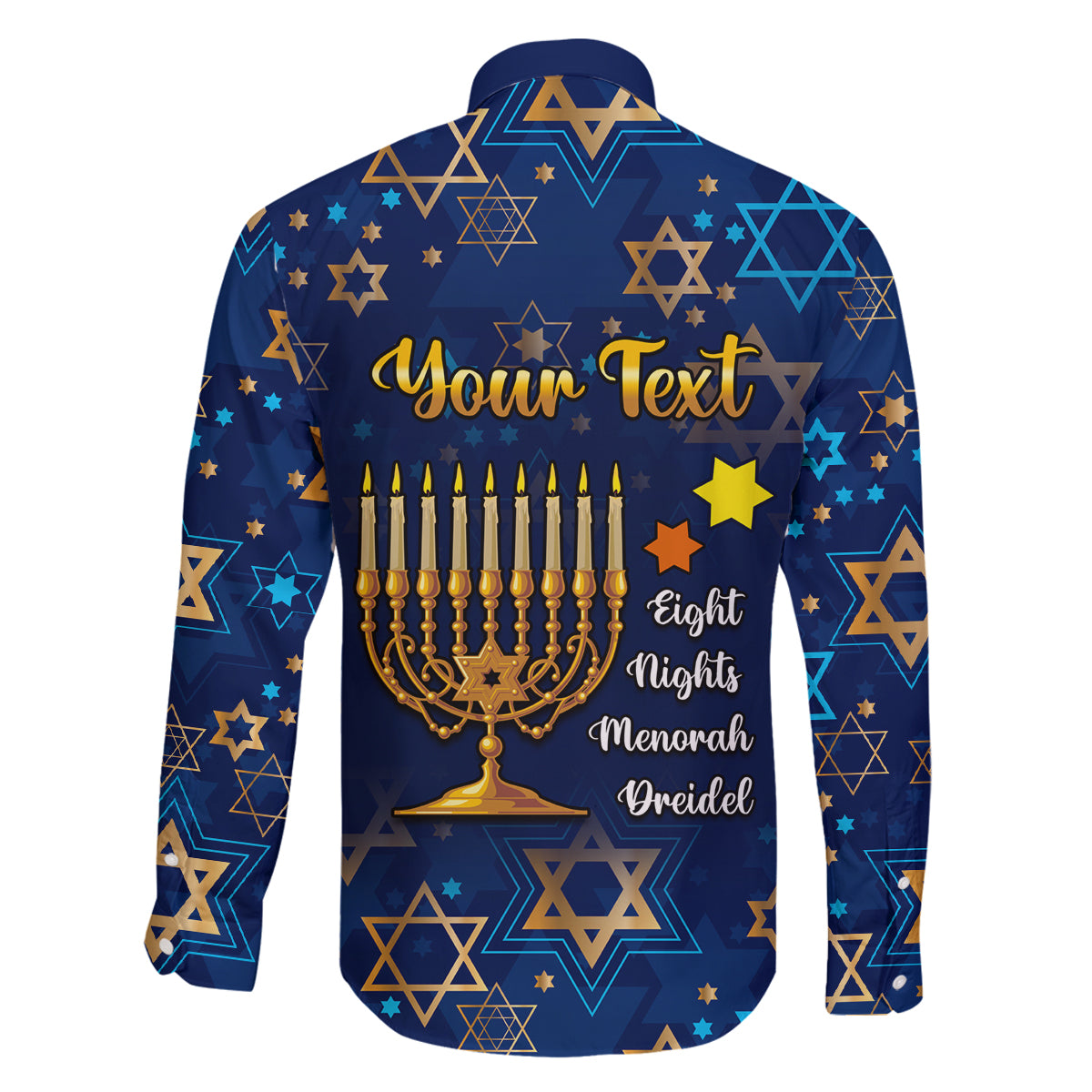 Personalised Hanukkah Festival Family Matching Off Shoulder Maxi Dress and Hawaiian Shirt Eight Nights Menorah Dreidel - Wonder Print Shop