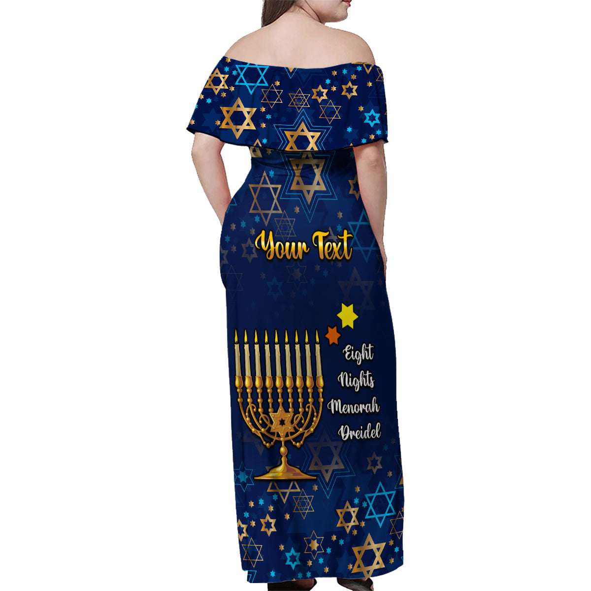 Personalised Hanukkah Festival Family Matching Off Shoulder Maxi Dress and Hawaiian Shirt Eight Nights Menorah Dreidel - Wonder Print Shop