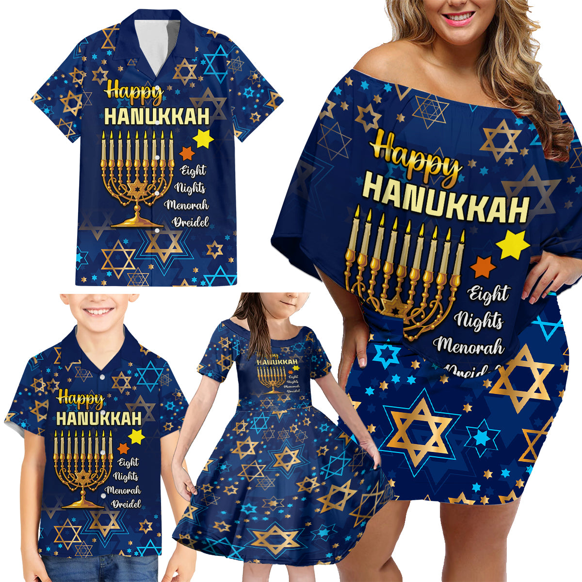 Personalised Hanukkah Festival Family Matching Off Shoulder Short Dress and Hawaiian Shirt Eight Nights Menorah Dreidel - Wonder Print Shop