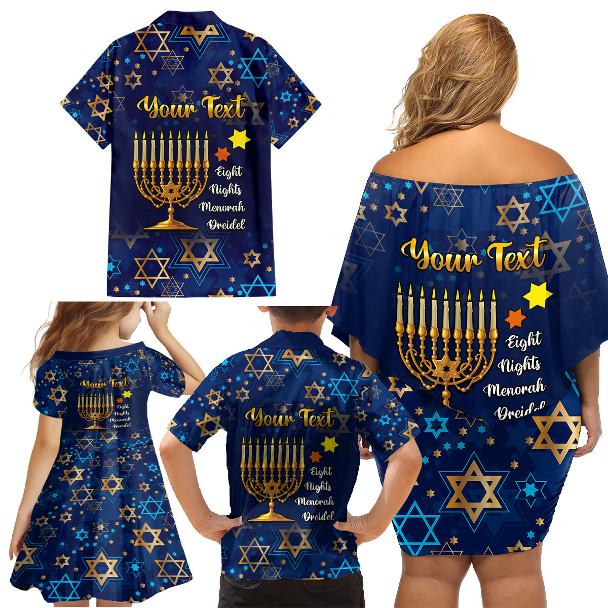Personalised Hanukkah Festival Family Matching Off Shoulder Short Dress and Hawaiian Shirt Eight Nights Menorah Dreidel - Wonder Print Shop