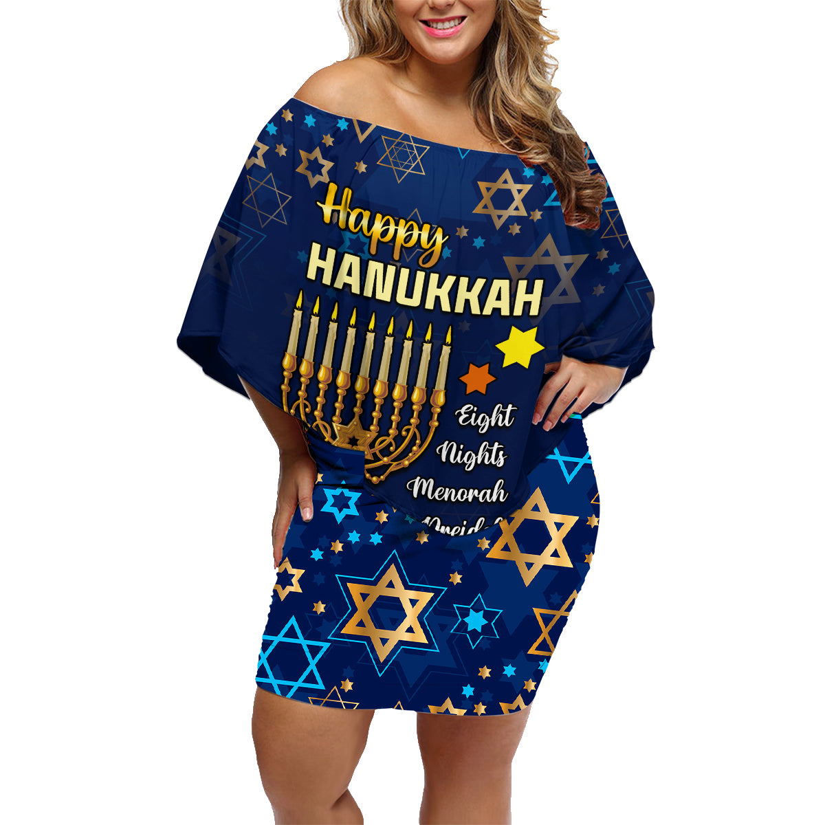 Personalised Hanukkah Festival Family Matching Off Shoulder Short Dress and Hawaiian Shirt Eight Nights Menorah Dreidel - Wonder Print Shop