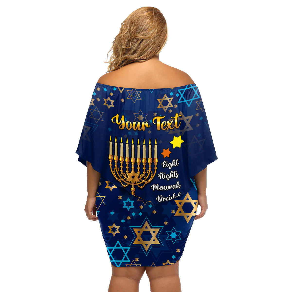 Personalised Hanukkah Festival Family Matching Off Shoulder Short Dress and Hawaiian Shirt Eight Nights Menorah Dreidel - Wonder Print Shop