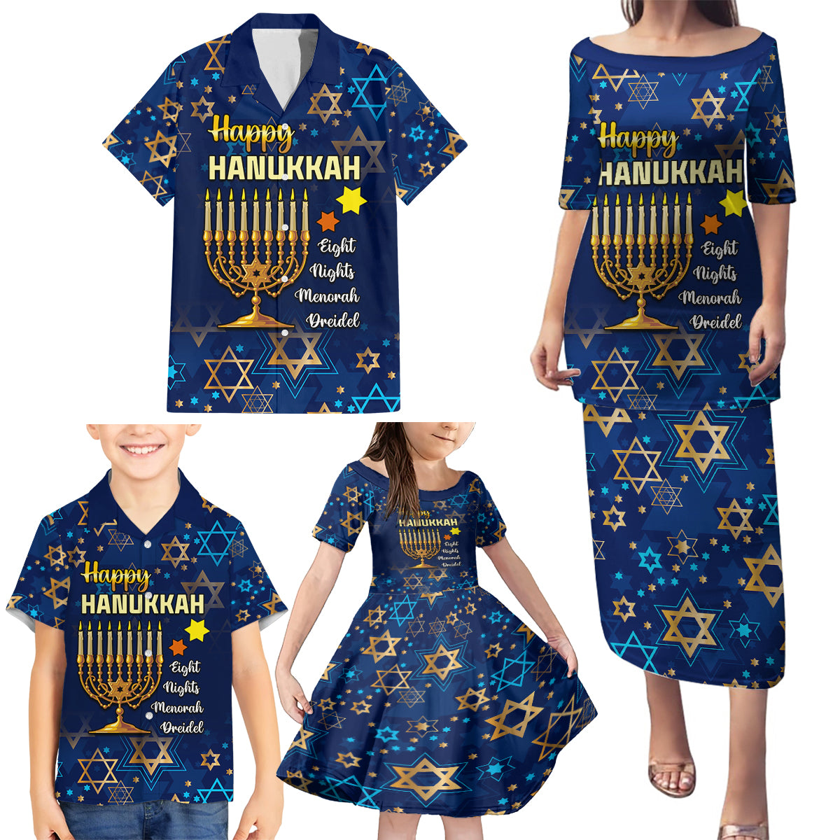 Personalised Hanukkah Festival Family Matching Puletasi Dress and Hawaiian Shirt Eight Nights Menorah Dreidel - Wonder Print Shop