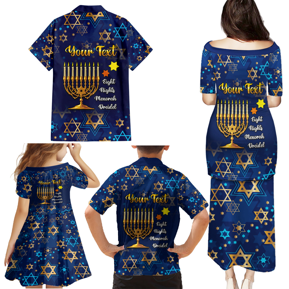 Personalised Hanukkah Festival Family Matching Puletasi Dress and Hawaiian Shirt Eight Nights Menorah Dreidel - Wonder Print Shop