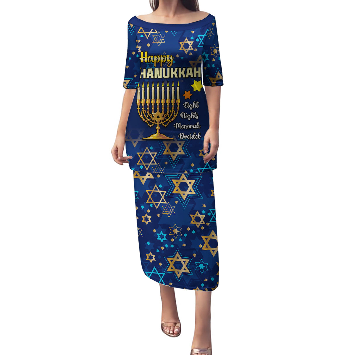 Personalised Hanukkah Festival Family Matching Puletasi Dress and Hawaiian Shirt Eight Nights Menorah Dreidel - Wonder Print Shop