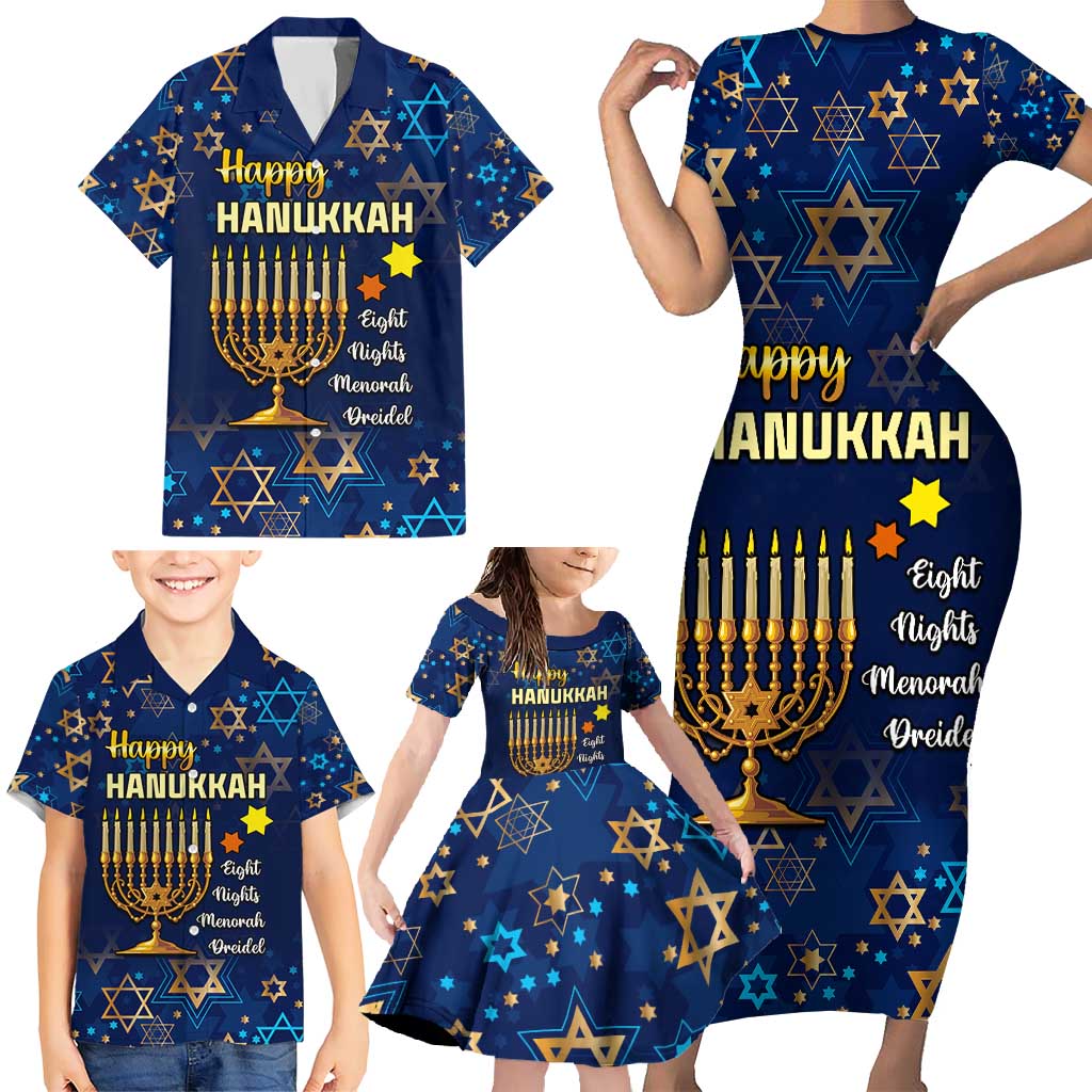 Personalised Hanukkah Festival Family Matching Short Sleeve Bodycon Dress and Hawaiian Shirt Eight Nights Menorah Dreidel LT01