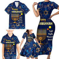 Personalised Hanukkah Festival Family Matching Short Sleeve Bodycon Dress and Hawaiian Shirt Eight Nights Menorah Dreidel LT01