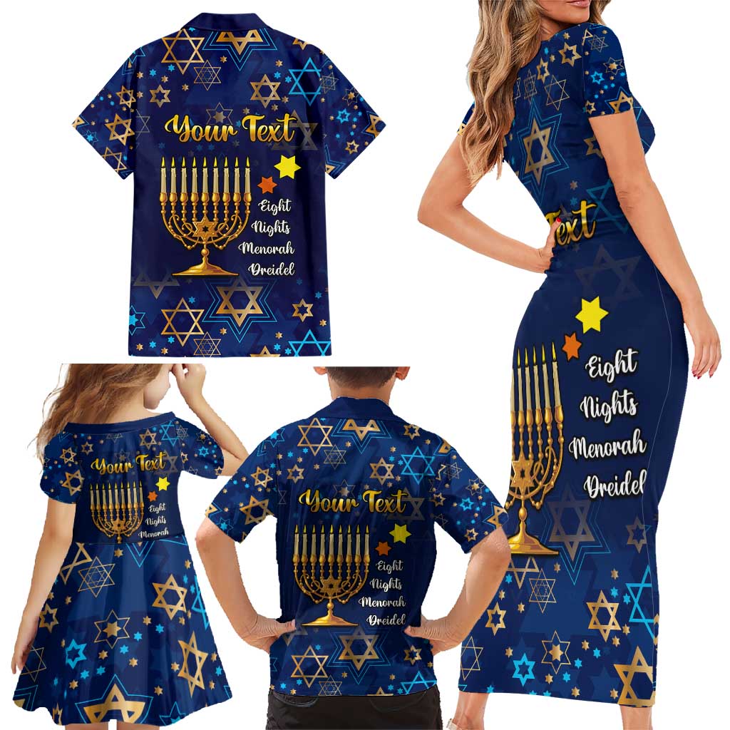 Personalised Hanukkah Festival Family Matching Short Sleeve Bodycon Dress and Hawaiian Shirt Eight Nights Menorah Dreidel LT01