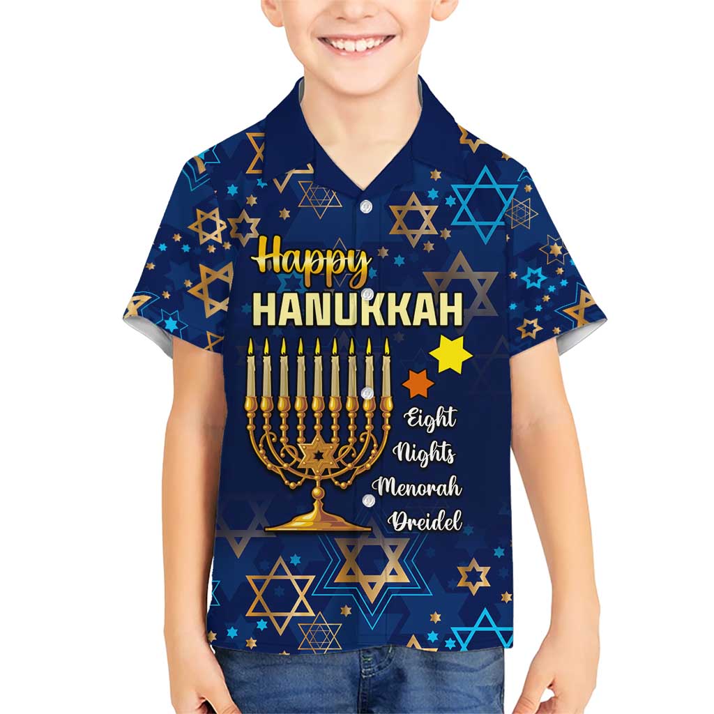 Personalised Hanukkah Festival Family Matching Short Sleeve Bodycon Dress and Hawaiian Shirt Eight Nights Menorah Dreidel LT01