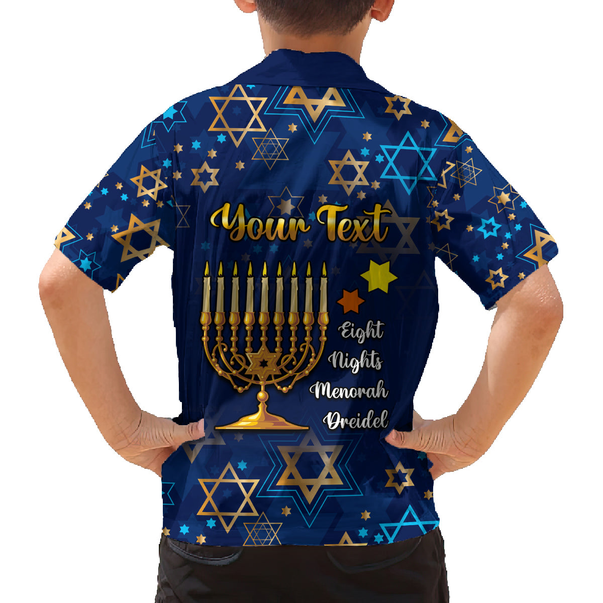Personalised Hanukkah Festival Family Matching Summer Maxi Dress and Hawaiian Shirt Eight Nights Menorah Dreidel - Wonder Print Shop