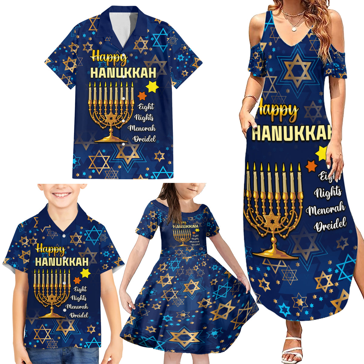 Personalised Hanukkah Festival Family Matching Summer Maxi Dress and Hawaiian Shirt Eight Nights Menorah Dreidel - Wonder Print Shop