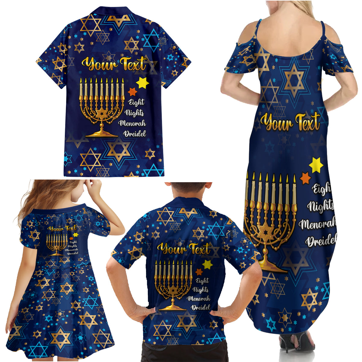 Personalised Hanukkah Festival Family Matching Summer Maxi Dress and Hawaiian Shirt Eight Nights Menorah Dreidel - Wonder Print Shop
