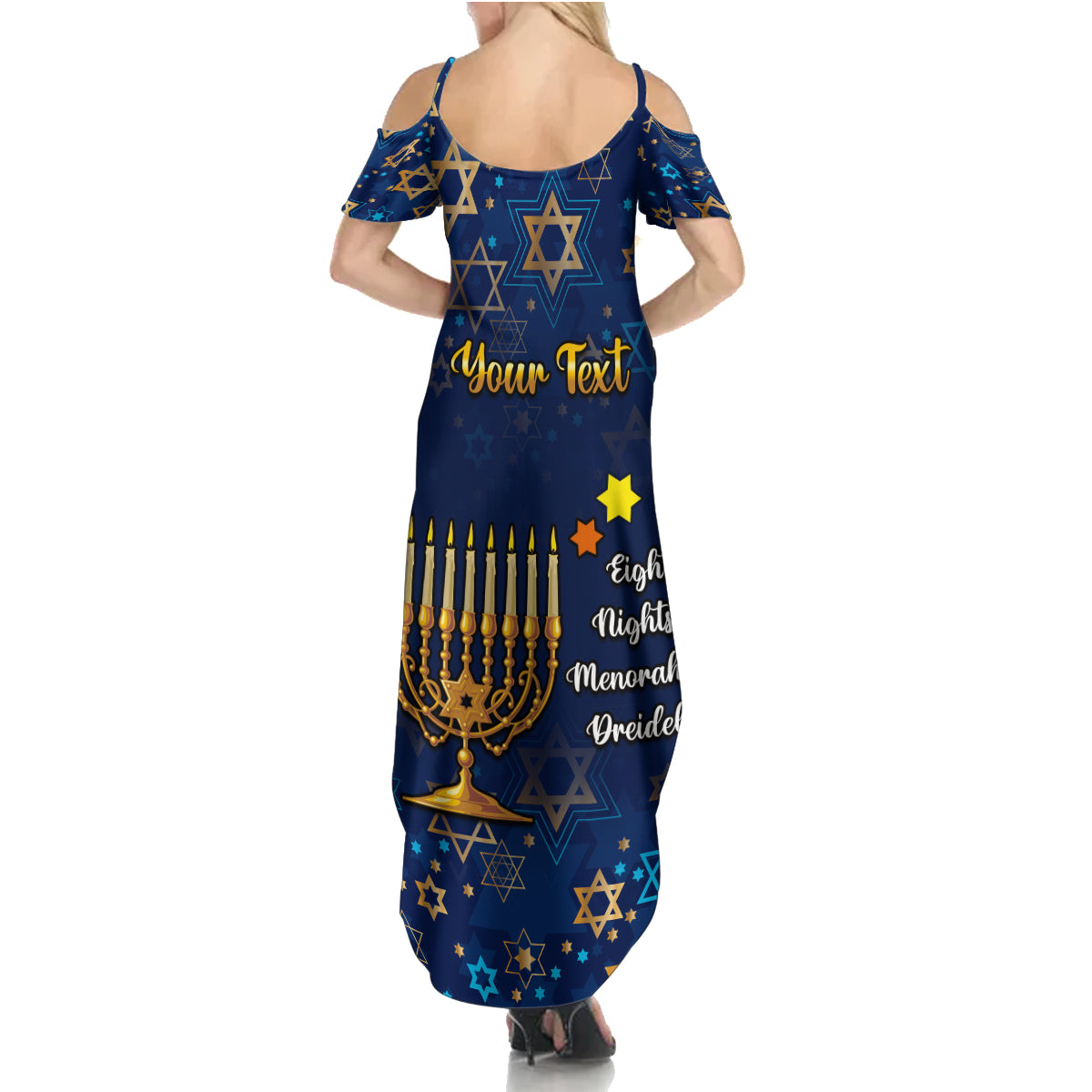 Personalised Hanukkah Festival Family Matching Summer Maxi Dress and Hawaiian Shirt Eight Nights Menorah Dreidel - Wonder Print Shop