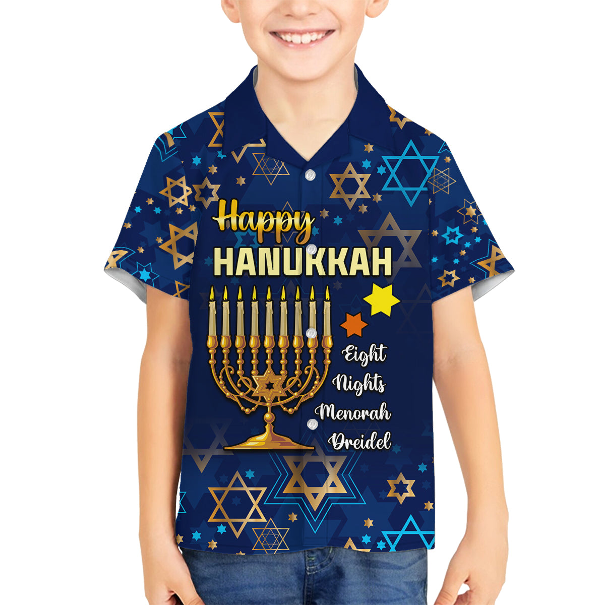 Personalised Hanukkah Festival Family Matching Summer Maxi Dress and Hawaiian Shirt Eight Nights Menorah Dreidel - Wonder Print Shop