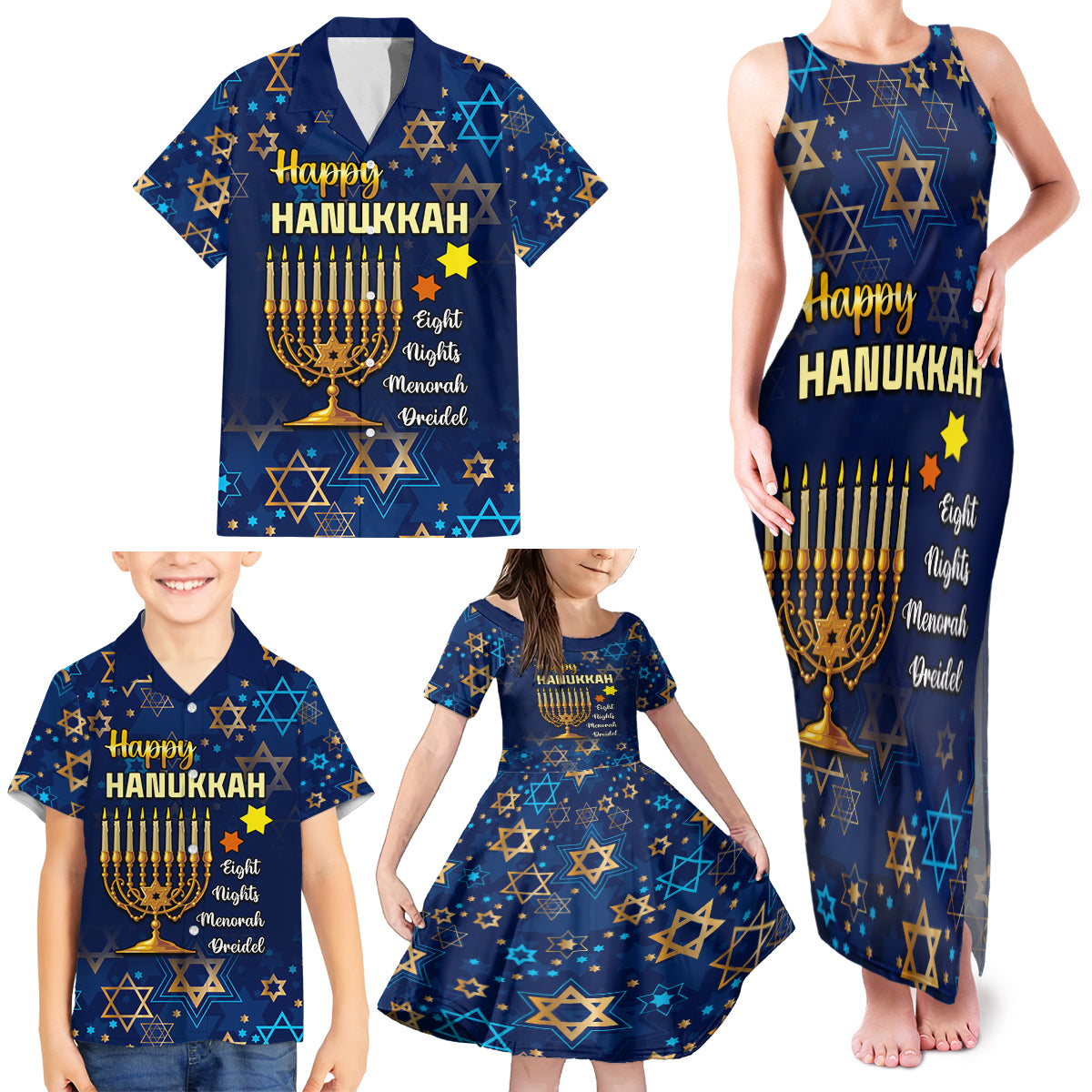 Personalised Hanukkah Festival Family Matching Tank Maxi Dress and Hawaiian Shirt Eight Nights Menorah Dreidel - Wonder Print Shop
