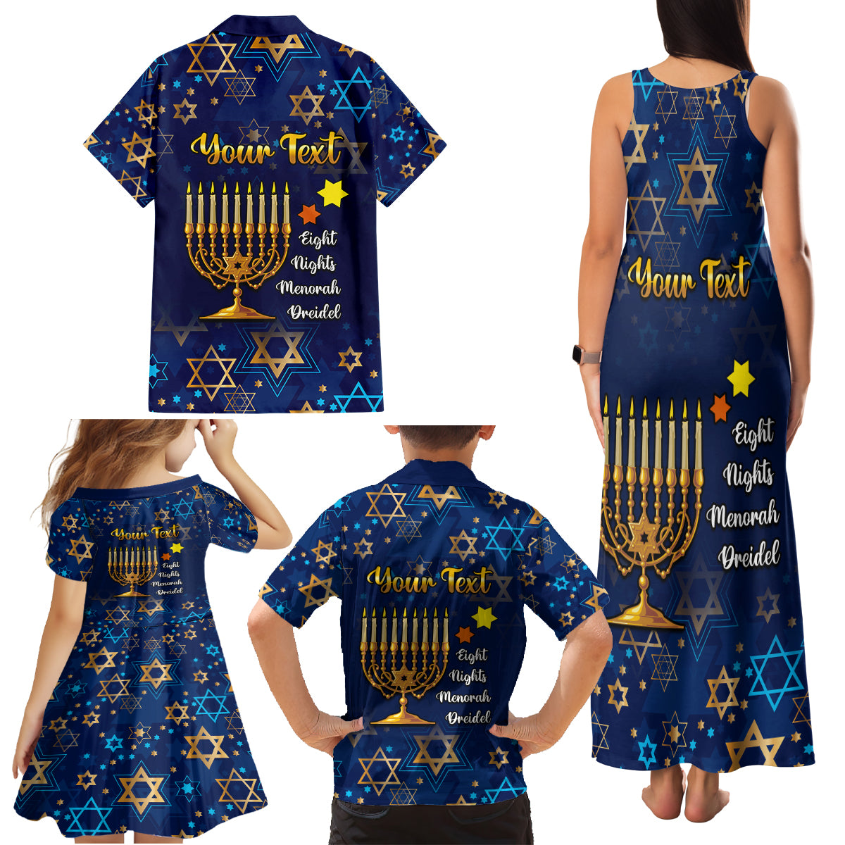 Personalised Hanukkah Festival Family Matching Tank Maxi Dress and Hawaiian Shirt Eight Nights Menorah Dreidel - Wonder Print Shop