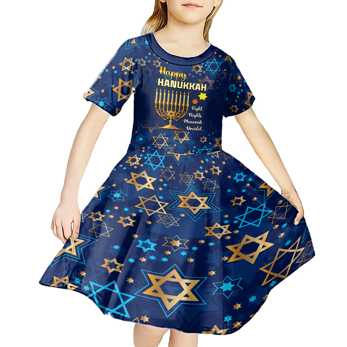 Personalised Hanukkah Festival Kid Short Sleeve Dress Eight Nights Menorah Dreidel - Wonder Print Shop