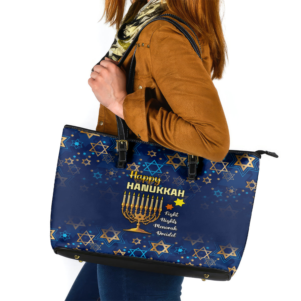 Hanukkah Festival Leather Tote Bag Eight Nights Menorah Dreidel - Wonder Print Shop