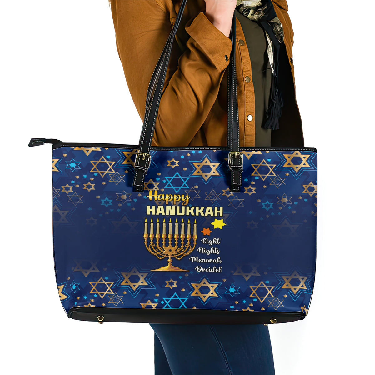 Hanukkah Festival Leather Tote Bag Eight Nights Menorah Dreidel - Wonder Print Shop