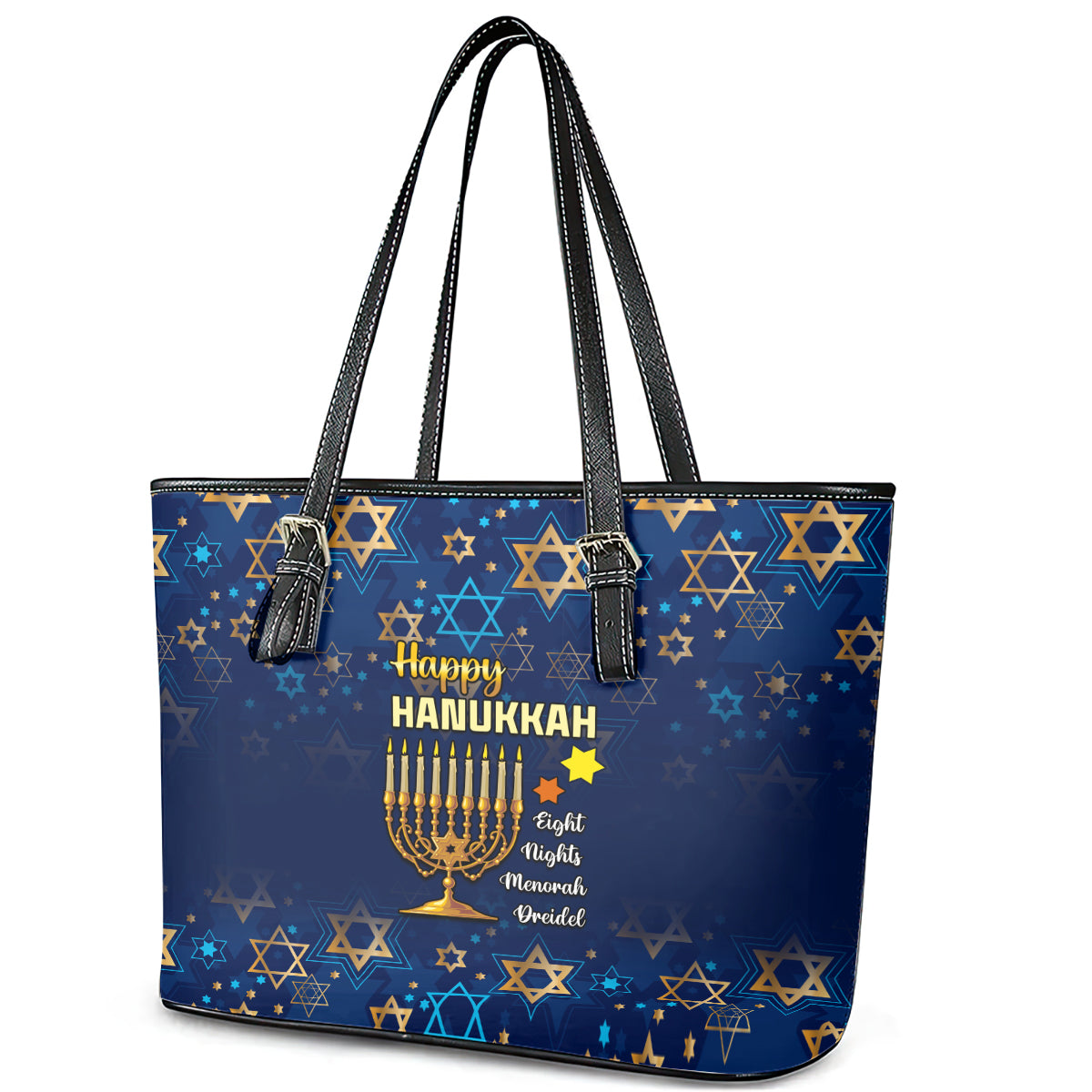 Hanukkah Festival Leather Tote Bag Eight Nights Menorah Dreidel - Wonder Print Shop