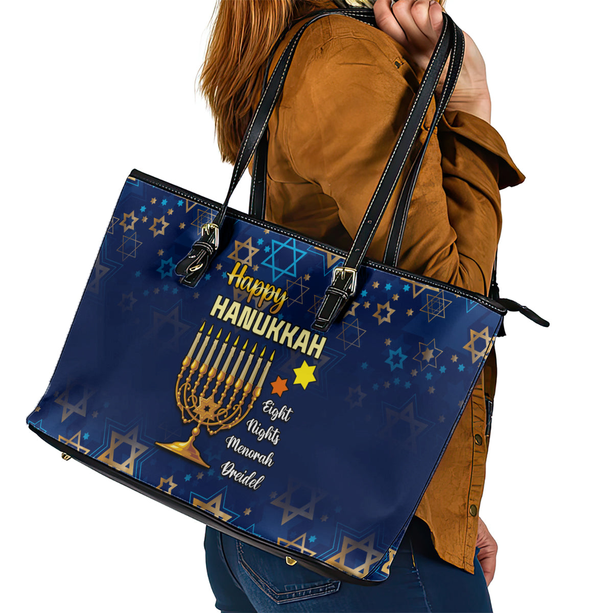 Hanukkah Festival Leather Tote Bag Eight Nights Menorah Dreidel - Wonder Print Shop