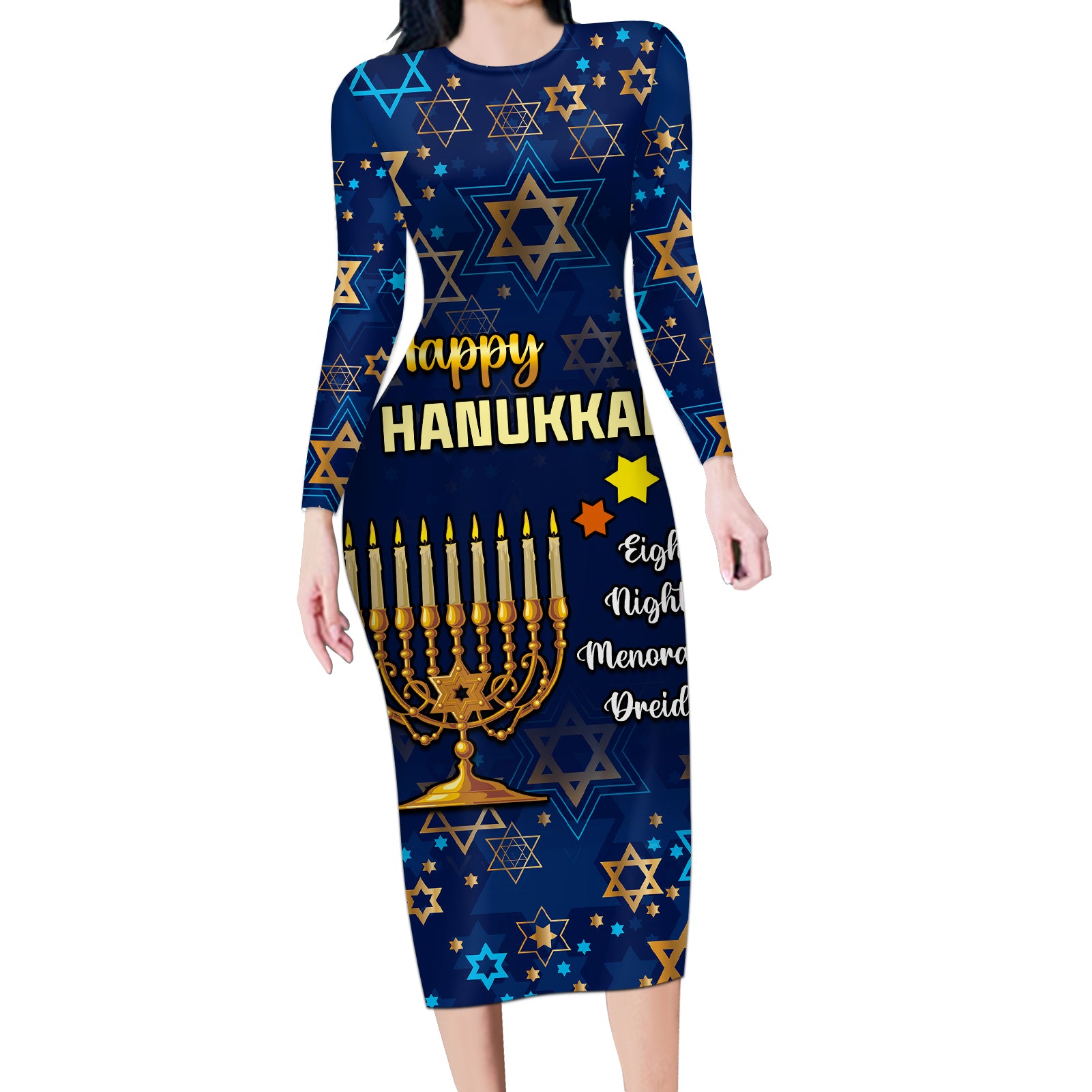 Personalised Hanukkah Festival Long Sleeve Bodycon Dress Eight Nights Menorah Dreidel - Wonder Print Shop