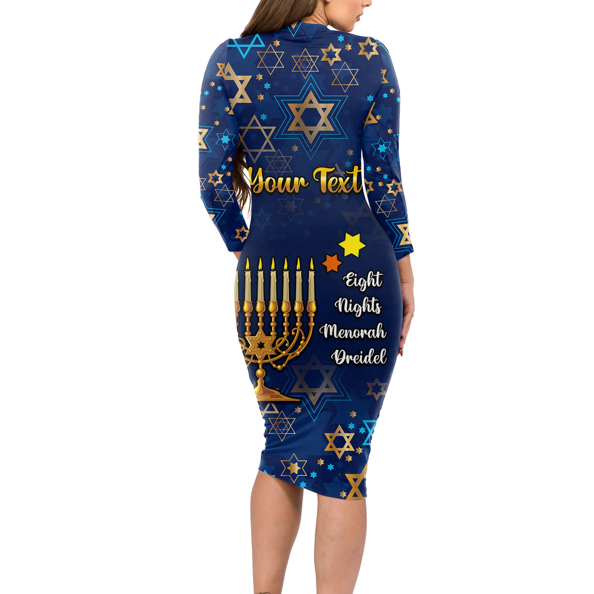 Personalised Hanukkah Festival Long Sleeve Bodycon Dress Eight Nights Menorah Dreidel - Wonder Print Shop