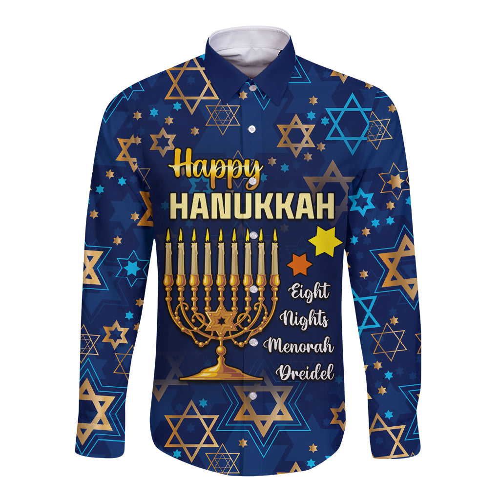 Personalised Hanukkah Festival Long Sleeve Button Shirt Eight Nights Menorah Dreidel - Wonder Print Shop