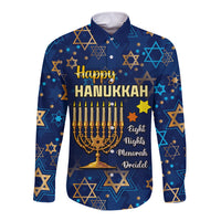 Personalised Hanukkah Festival Long Sleeve Button Shirt Eight Nights Menorah Dreidel - Wonder Print Shop