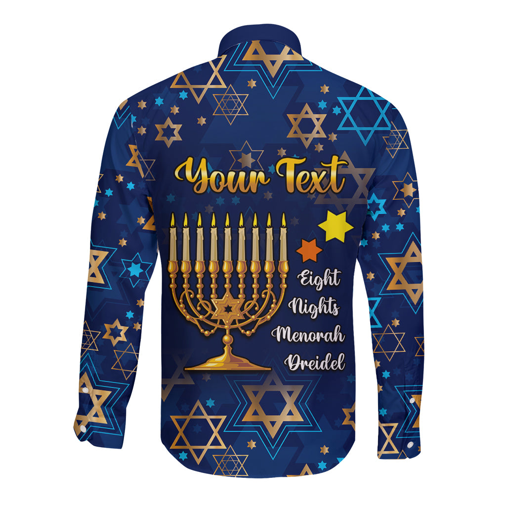 Personalised Hanukkah Festival Long Sleeve Button Shirt Eight Nights Menorah Dreidel - Wonder Print Shop