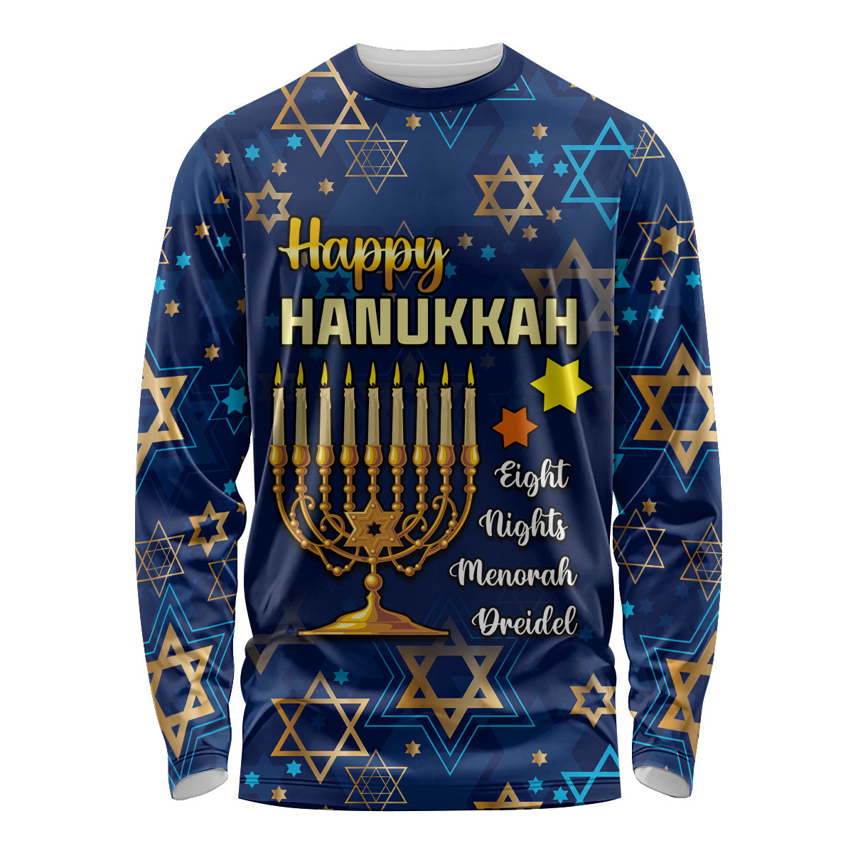 Personalised Hanukkah Festival Long Sleeve Shirt Eight Nights Menorah Dreidel - Wonder Print Shop