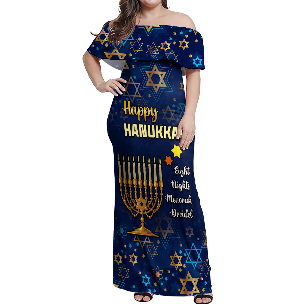 Personalised Hanukkah Festival Off Shoulder Maxi Dress Eight Nights Menorah Dreidel - Wonder Print Shop