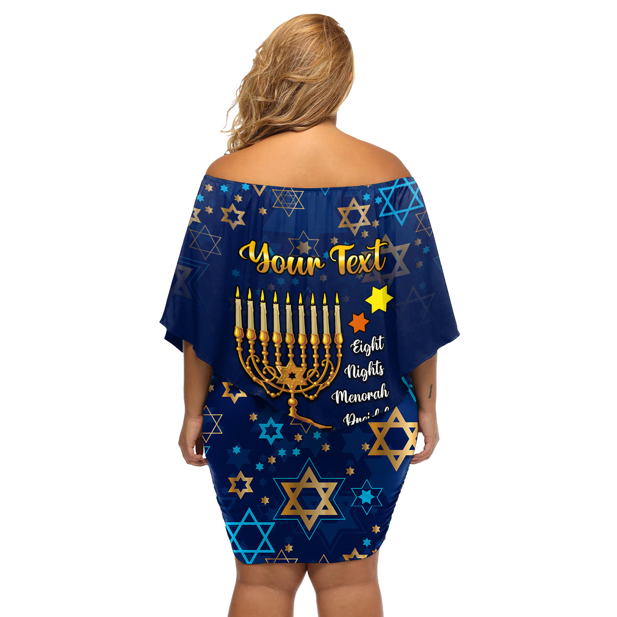 Personalised Hanukkah Festival Off Shoulder Short Dress Eight Nights Menorah Dreidel - Wonder Print Shop
